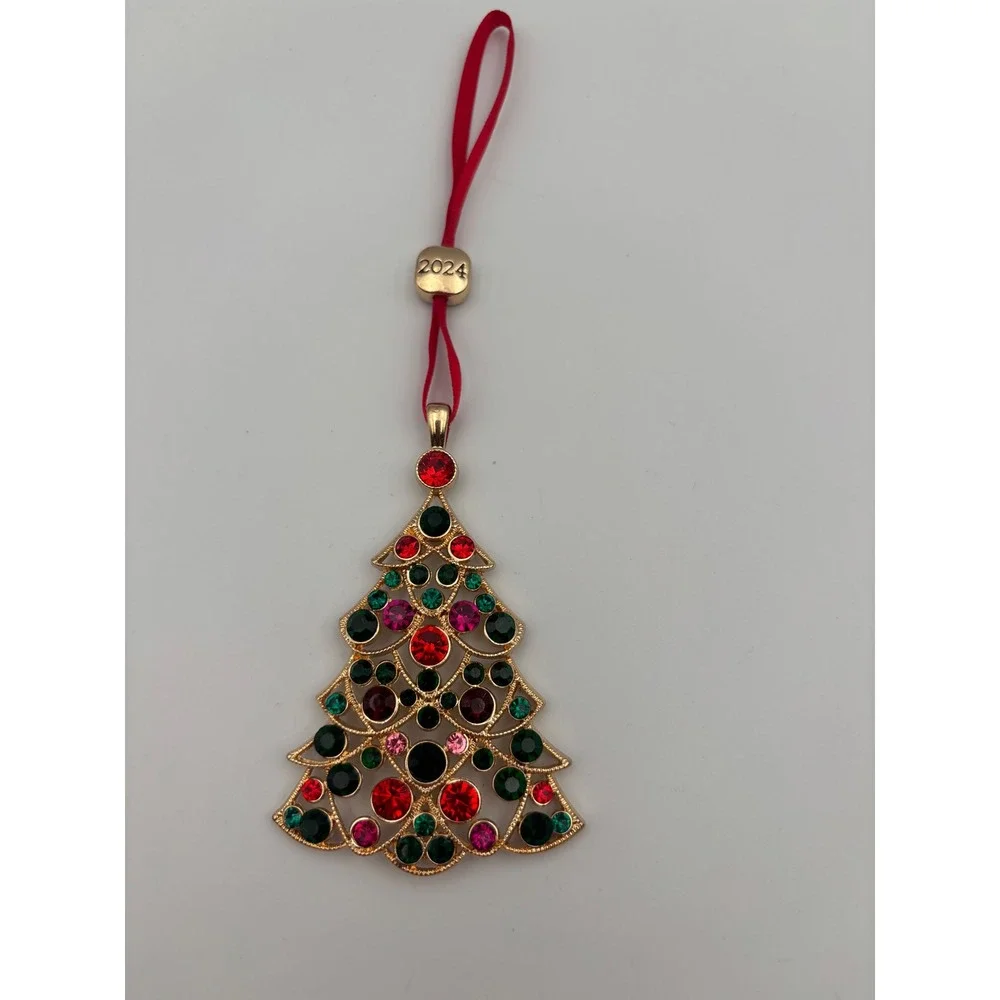 Monet 2024 Christmas Tree Ornament Gold Tone Multi Color Rhinestone Collectible